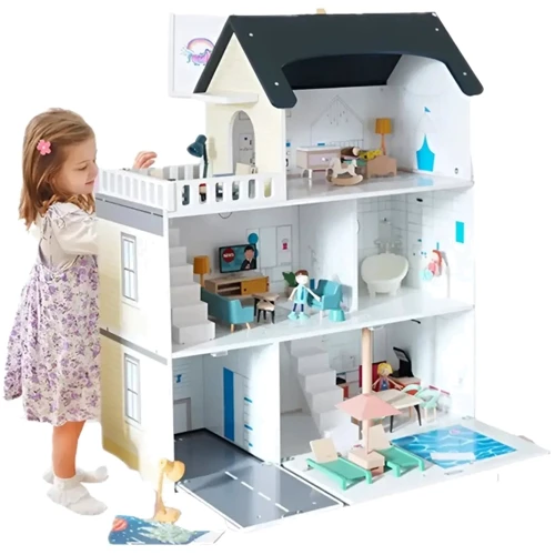 Деревянный трехэтажный кукольный домик с мебелью и фигурками (TX0091)