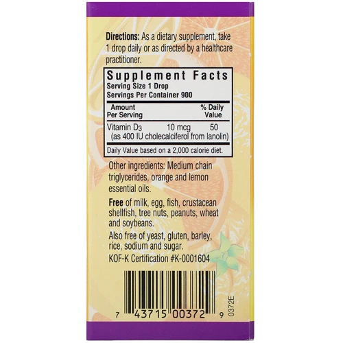 Bluebonnet Nutrition, Liquid Vitamin D3 Drops, Natural Citrus Flavor, 400 IU, 1 fl oz (30 ml) (372): Форма выпуска Капли