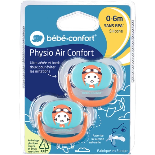 Пустышка Bebe Confort Physio Air силиконовая, 2 шт, 0/6 мес синяя с оранжевым (3104201770): Форма соски анатомическая