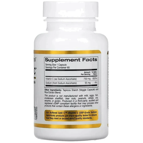 California Gold Nutrition Buffered Vitamin C Витамин C аскорбат натрия буферизованный 750 мг 60 растительных капсул: Тип Витамин C