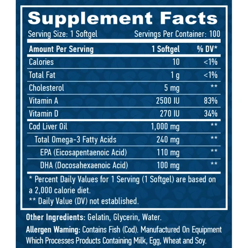 Haya Labs Cod Liver Oil 1000 мг Рыбий жир из печени трески 100 капсул: Тип Омега 3