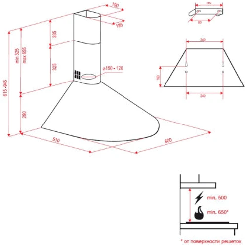 Вытяжка Perfelli KR 6412 BR LED: Рекомендуемая площадь помещения (при высоте 2,7 м), м² более 28.5