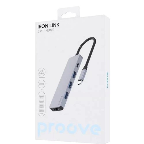 Адаптер Proove Adapter Iron Link USB-C to 3xUSB3.0+USB-C+HDMI Silver (HBIL00010604): Колір серый