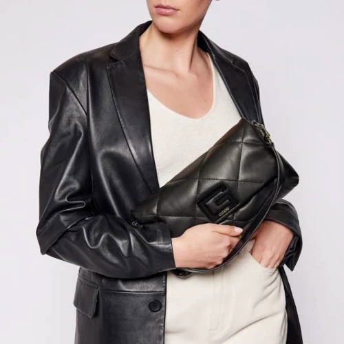 Жіноча сумка-сетчел Guess Brightside Shoulder Bag чорна (HWQB7580190-BLA): Фактура Стьобана, матова, Гладка