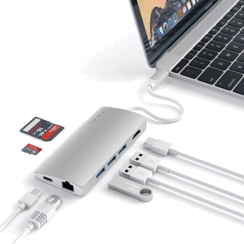 Адаптер Satechi Adapter USB-C to USB-C+RJ45+HDMI+3xUSB3.0 Silver (ST-TCMA2S): Додаткові роз'єми USB OTG, HDMI, Ethernet, USB-C
