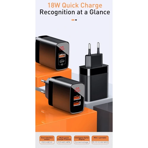 Зарядное устройство Baseus USB Wall Charger 2xUSB Mirror Lake Display Quick Charge 18W Black (CCJMHA-A01): Тип сетевое