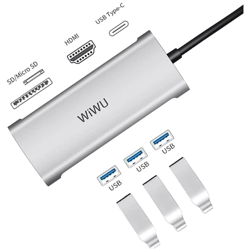 Адаптер WIWU Adapter Alpha 731HP USB-C to USB-C+3xUSB3.0+HDMI+USB-C+SD+TF Card Grey : Інтерфейс підключення USB-C