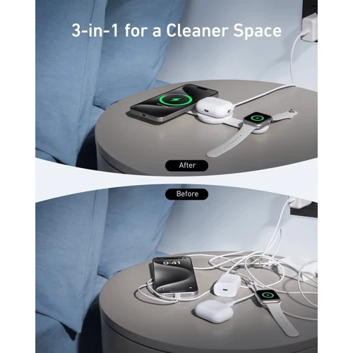 Зарядное устройство ANKER Wireless Charger MagSafe 3in1 Foldable 15W with USB-C Cable White (B25M8H21) for iPhone 16 I 15 I 14 I 13 I 12 series, Apple Watch and Apple AirPods: Особенности Быстрая зарядка, Для Apple Watch, MagSafe