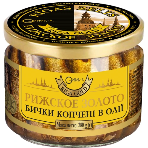 Бычки копченые в масле Рижское золото 280 г (4820062447218)