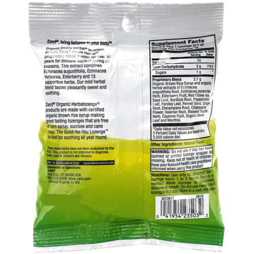 Zand Organic Insure Herbal Страхування трав 18 пастилок з ментолом