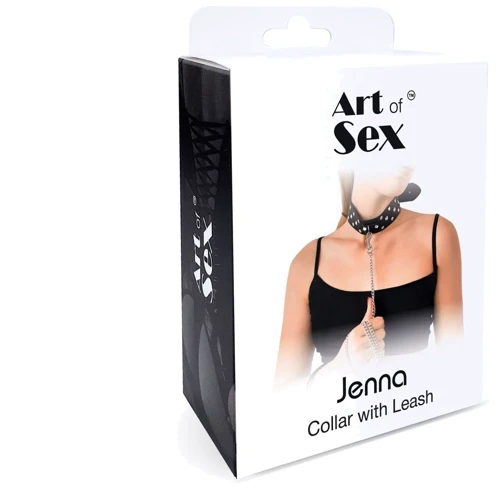 Ошейник с поводком из натуральной кожи с заклепками Art of Sex - Jenna Collar with Leash, черный