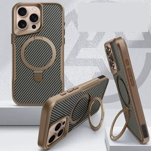 Чехол для iPhone Mobile Case TPU+PC Metal Buttons with MagSafe Carbon Gold for iPhone 16 Pro: Материалы поликарбонат и полиуретан