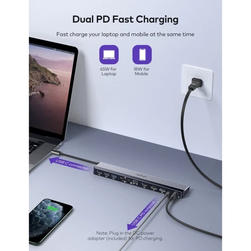 Адаптер VAVA Adapter USB-C to USB-C + 2хUSB3.0 + 2хUSB2.0 + RJ45 + 2xHDMI + 3.5mm + SD 85W Grey (VA-DK004) фото 5