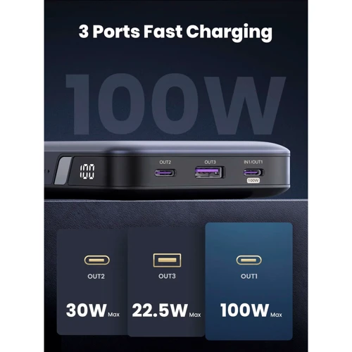 Внешний аккумулятор Ugreen Power Bank 20000mAh PB720 Two-way FC 100W Gray (25188): Особенности С дисплеем, Компактный размер, Индикатор заряда, быстрая зарядка
