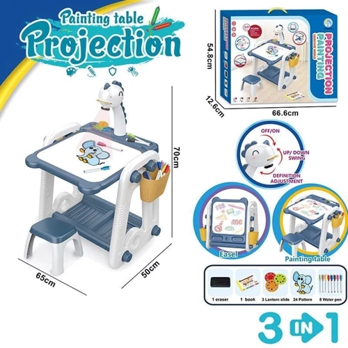 Столик для творчества с проектором 3в1: стульчик, звук, маркеры, губка, диски, синий (YM 59)