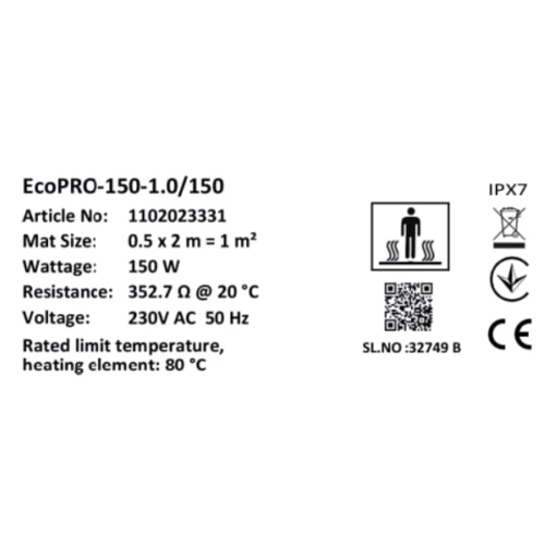 Мат нагревательный Warmstad Max EcoPRO-150-1.0/150 W/m2: Площадь обогрева, кв.м 1