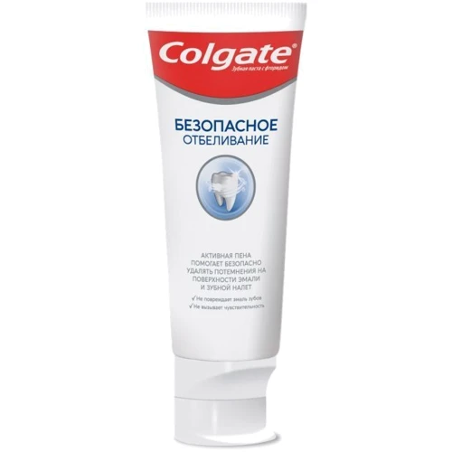 Colgate Зубная паста Безопасное отбеливание 75 мл: Назначение Ароматизация, Комплексная защита, От зубного налета, Отбеливание, Очищение, Свежесть дыхания