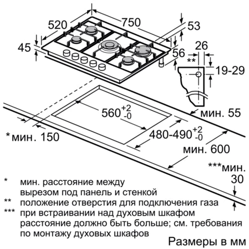 Варильна поверхня газова Bosch PCQ7A5M90R: Розташування панелі спереду