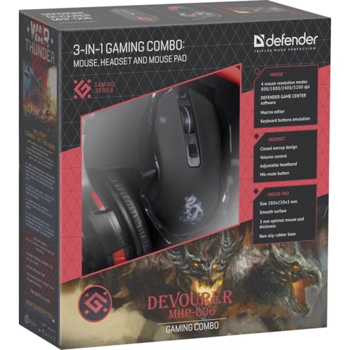 Мишка Defender Devourer MHP-006 kit mouse+mouse pad+headset (52006): Довжина кабелю 1,5 м