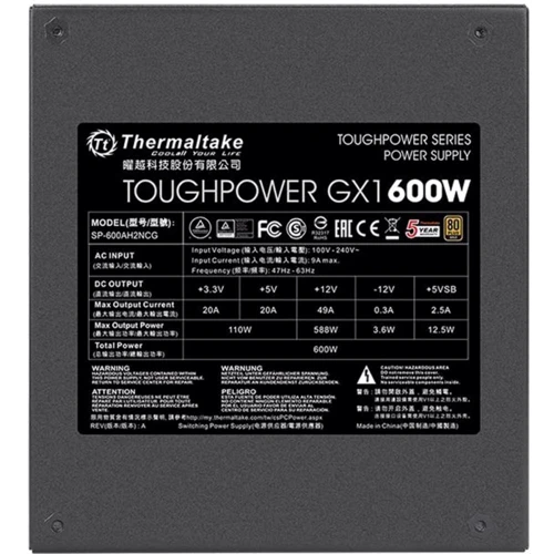 Блок живлення Thermaltake Toughpower GX1 600W (PS-TPD-0600NNFAGE-1): ККД,% 90