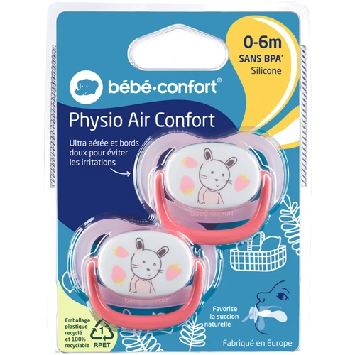 Пустушка Bebe Confort Physio Air силіконова, 2 шт, 0/6 міс рожева з жовтим (3104201910): Форма соски анатомическая