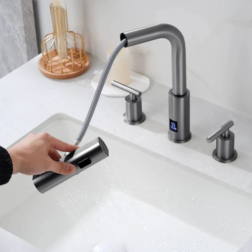 Смеситель для раковины Lefton Two-Handle Widespread Waterfall & Pull-Out Bathroom Faucet with Temperature Display-BFWS2401 Grey: Вид смесителя Двухвентильный