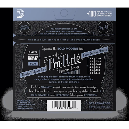 Струна для гитар Струны D'addario EJ46TT Pro-Arte DynacoreTitanium Trebles, Hard Tension: Назначение Для классической гитары