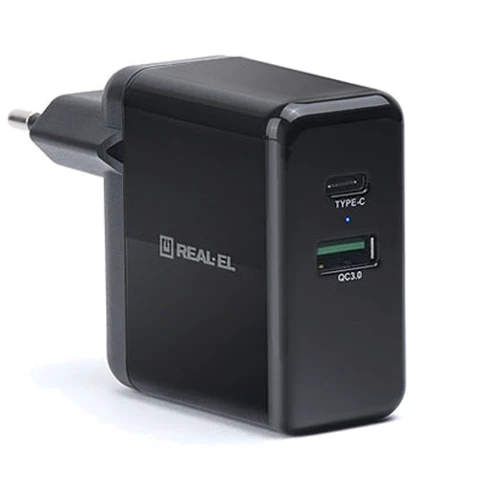 Зарядное устройство REAL-EL Wall Charger USB-C+USB CH-350 Black (EL123160017): Кабель в комплекте отсутствует