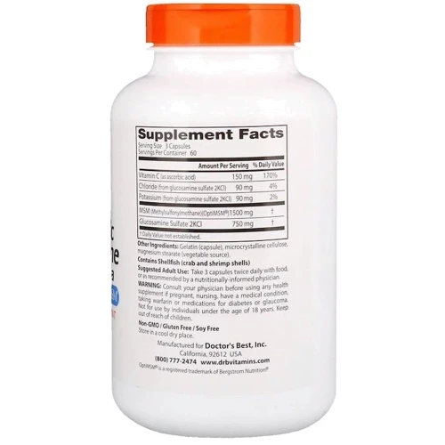 Doctor's Best Synergistic Glucosamine MSM Formula, with OptiMSM, 180 Capsules (DRB-00070): Тип Глюкозамин