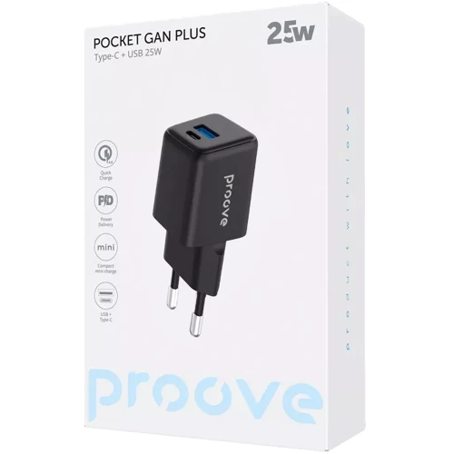 Зарядное устройство Proove Wall Charger USB+USB-C Pocket GaN Plus 25W Black (WCPG25111201): Количество USB-портов 2