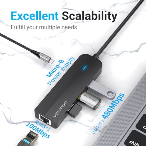 Адаптер Vention Adapter USB-C to 3xUSB2.0+MicroUSB+RJ45 Black (TGOBB): Інтерфейс підключення USB-C
