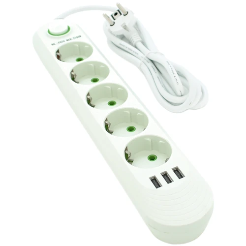 Мережевий фільтр Voltronic Power F05U White 5 розеток 3xUSB 1.5м (F05U-WHITE): Кількість розеток, шт 5