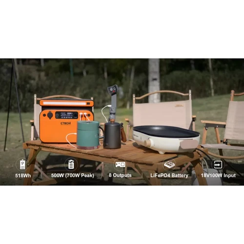 Зарядная станция CTECHi GT500 518Wh 162000mAh 500W Portable Power Station LiFePO4 Battery 60W PD Fast Charging Orange (GT500): Разъемы для подзарядки Зарядка от солнечной панели, Зарядка от сети, Зарядка от автомобиля
