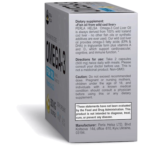 Perla Helsa Omega-3 From Wild Icelandic Cod, Vitamin A And D3, 500 mg, 120 Softgels: Форма випуску капсули