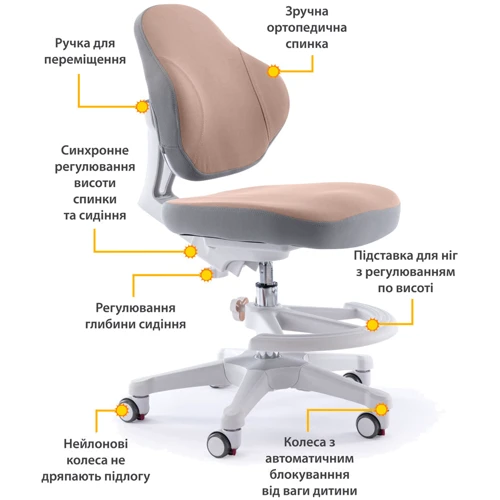 Детское кресло Evo-кids ErgoKids Mio Classic Brown (Y-405 BR): Регулировка Высоты сиденья, Высоты спинки, Глубины сиденья