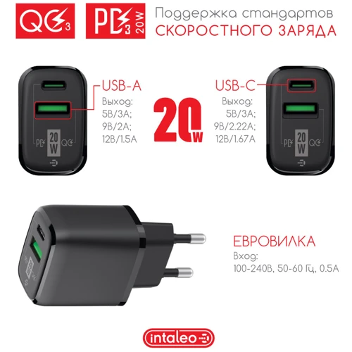 Зарядний пристрій Intaleo Wall Charger USB+USB-C 20W Black (TCGQPD220): Кабель в комплекті отсутствует
