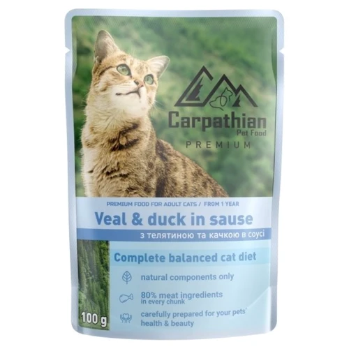 Вологий корм для котів Carpathian телятина з качкою в соусі 24х100г (4820111141364-24): Тип вологий корм