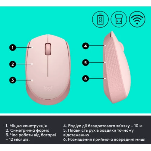 Мышь Logitech M171 Rose (910-006865): Количество кнопок 3