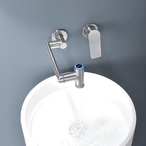 Смеситель настенный Lefton Single-Handle Wall Mount Bathroom Faucet with Temperature Display-BFWM2401 Brushed Nickel фото 9
