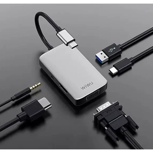 Адаптер WIWU Adapter Alpha 513HVP USB-C to USB3.0+USB-C+VGA+HDMI+3.5mm Grey: Дополнительные разъемы 3.5mm Headphone, HDMI, VGA, USB OTG, USB-C
