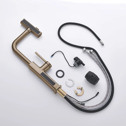 Смеситель для кухни Lefton Waterfall & Pull-Out Kitchen Faucet with Temperature Display-KF2209 Brushed Brass фото 11
