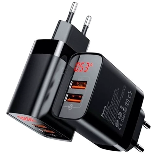 Зарядное устройство Baseus USB Wall Charger 2xUSB Mirror Lake Display Quick Charge 18W Black (CCJMHA-A01): Кабель в комплекте отсутствует