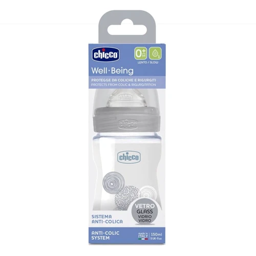 Бутылочка стеклянная Chicco Well-being Physio Colors с силиконовой соской 0м+ 150 мл Серая (28711.30): Материал стекло