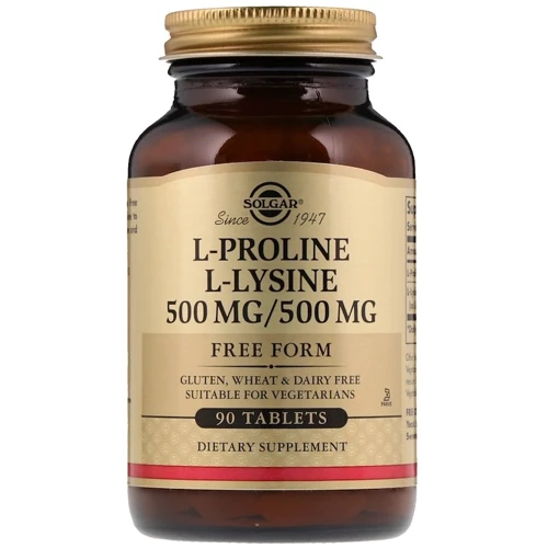 Solgar L-Proline/L-Lysine, Free Form, 500mg/500 mg, 90 Tablets