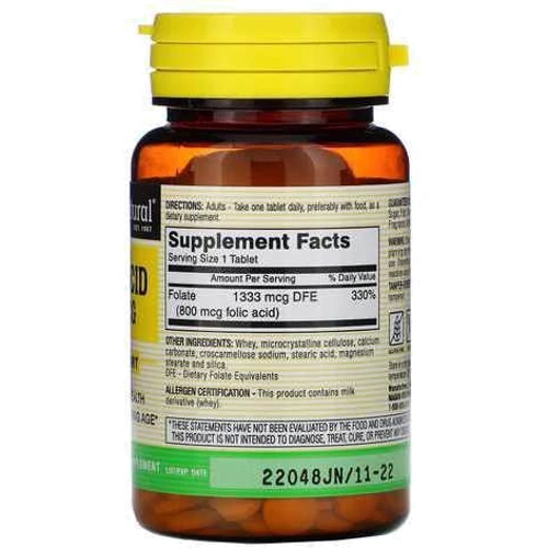 Mason Natural Folic Acid 800 mcg Фолиевая кислота 100 таблеток: Тип Витамин B