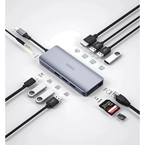 Адаптер WIWU Adapter Alpha A12 USB-C to USB-C+3xUSB3.0+3xUSB2.0+SD+HDMI+RJ45+3.5mm Grey: Колір серый
