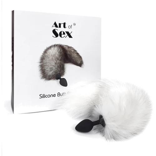 Силиконовая анальная пробка с хвостом из натурального меха Art of Sex size M White fox