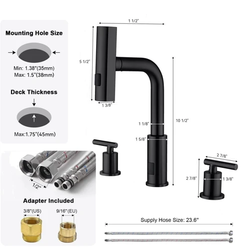 Смеситель для раковины Lefton Two-Handle Widespread Waterfall & Pull-Out Bathroom Faucet with Temperature Display-BFWS2401 Matt Black фото 11