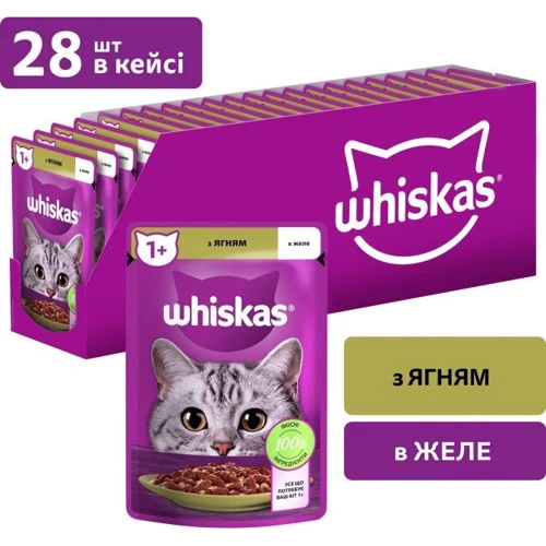 Упаковка вологого корму для котів Whiskas ягня в желе 28х85 г (5900951302923)