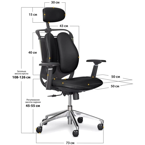 Офисное кресло Mealux Testa Duo Black (Y-552 KB Duo): Регулировки Угол наклона спинки, Жесткость качания, Высота сиденья, Высота подлокотников, Высота подголовника